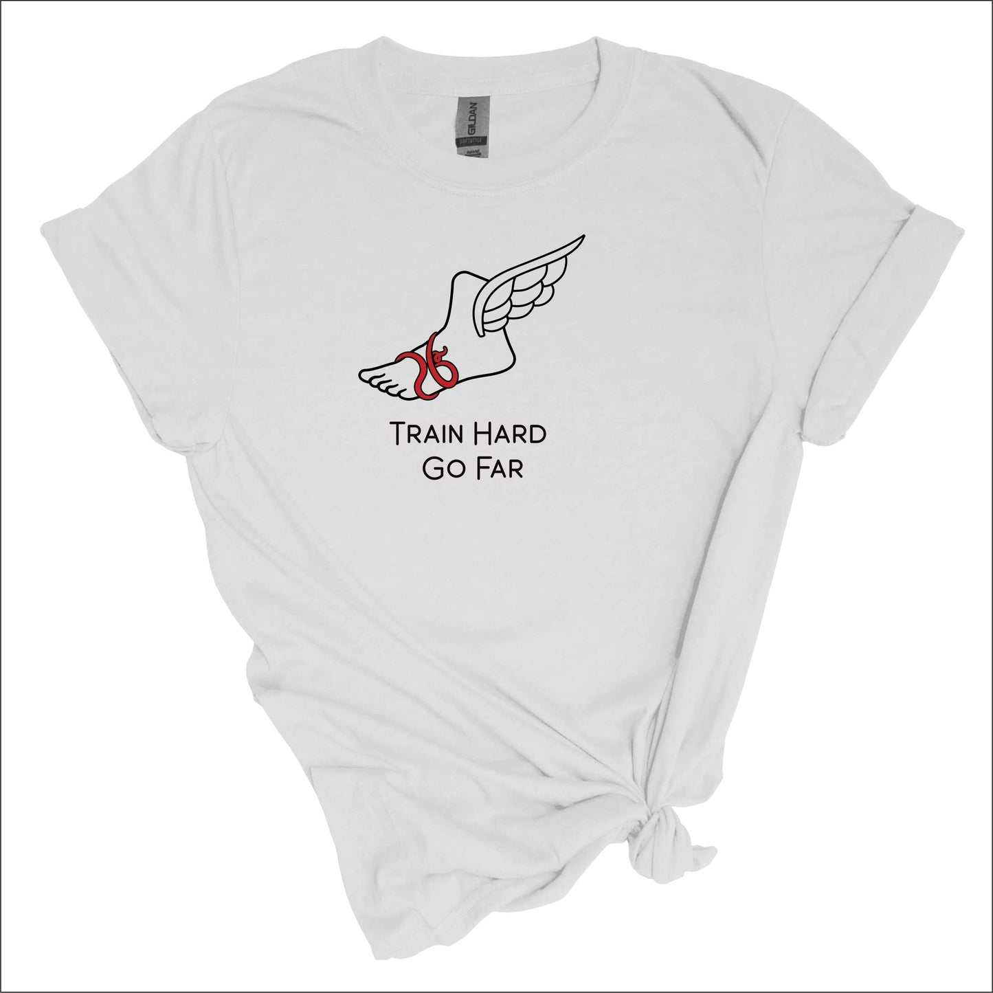Marathon Swag tshirt, Train Hard Go Far, 26.2 talaria winged foot with 26.2 sandal