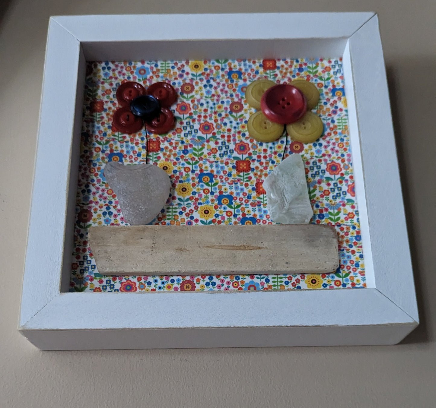 Mixed media framed flowers, vintage buttons, seaglass, driftwood and Washi Tape in 8 x 8 inch shadow box
