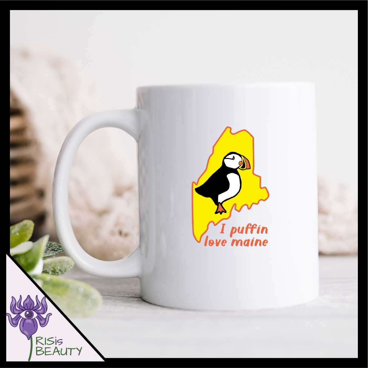 I Puffin Love Maine mug, coffee mug, tea mug, Puffin art designed by IRISisBEAUTY