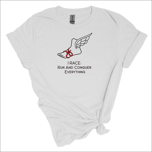 Marathon Swag tshirt, I RACE: Run And Conquer Everything, 26.2 talaria winged foot with 26.2 sandal