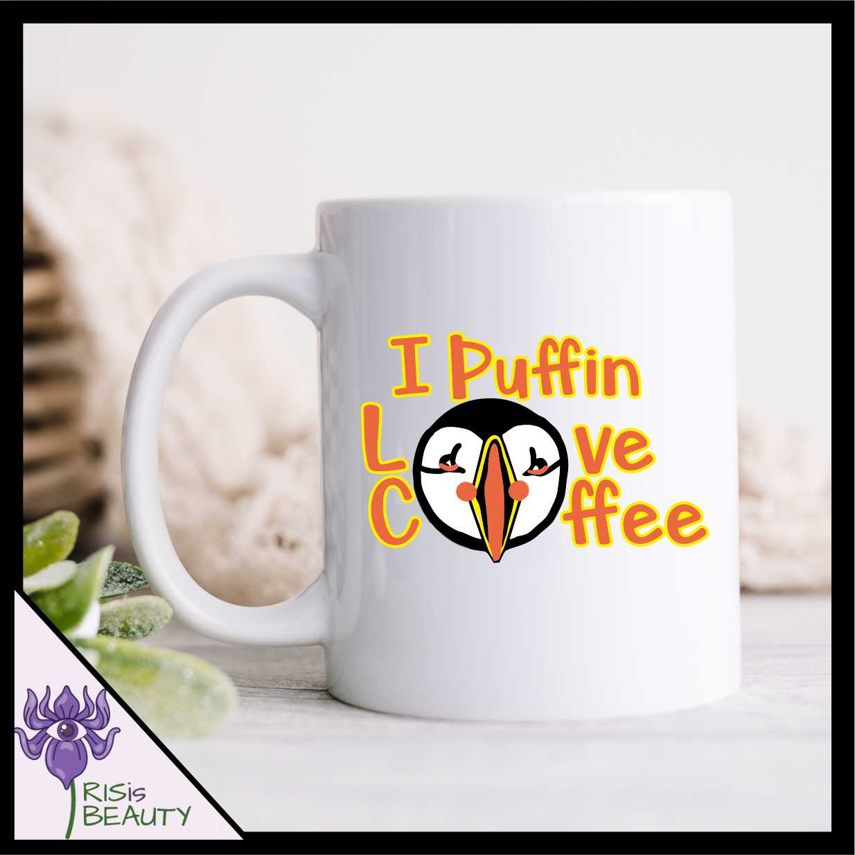 I Puffin Love Coffee mug designed by IRISisBEAUTY, coffee mugs, I Love Coffee, Puffin art mug