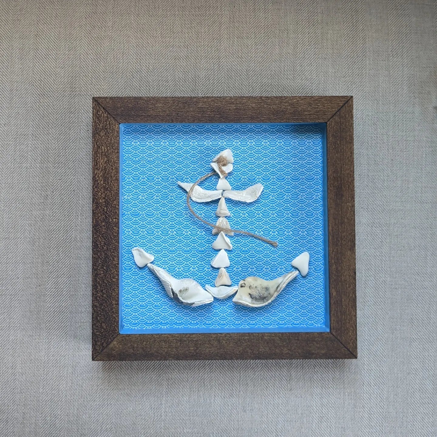 Framed art, anchor made from clamshell pieces and Washi Tape