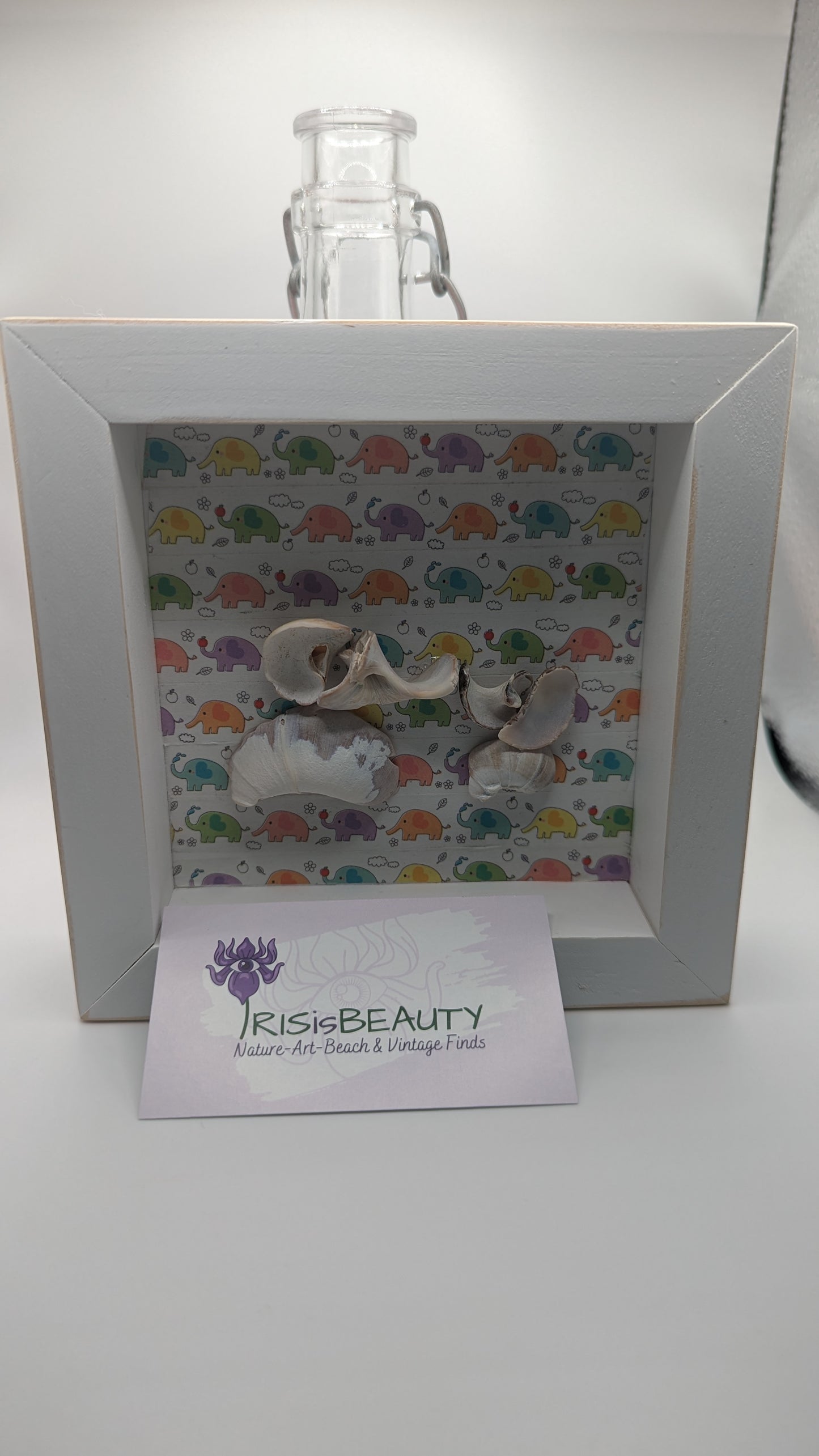 Framed art, Two elephants and washi tape, seashell pieces art, distressed white shadow box frame