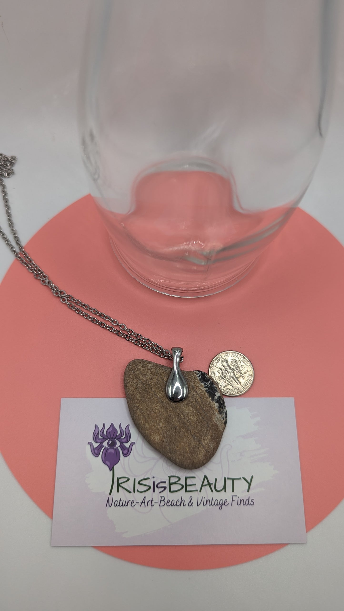 Maine beach stone pendant, multi color stone with black tone stripe, Maine beach stone necklace