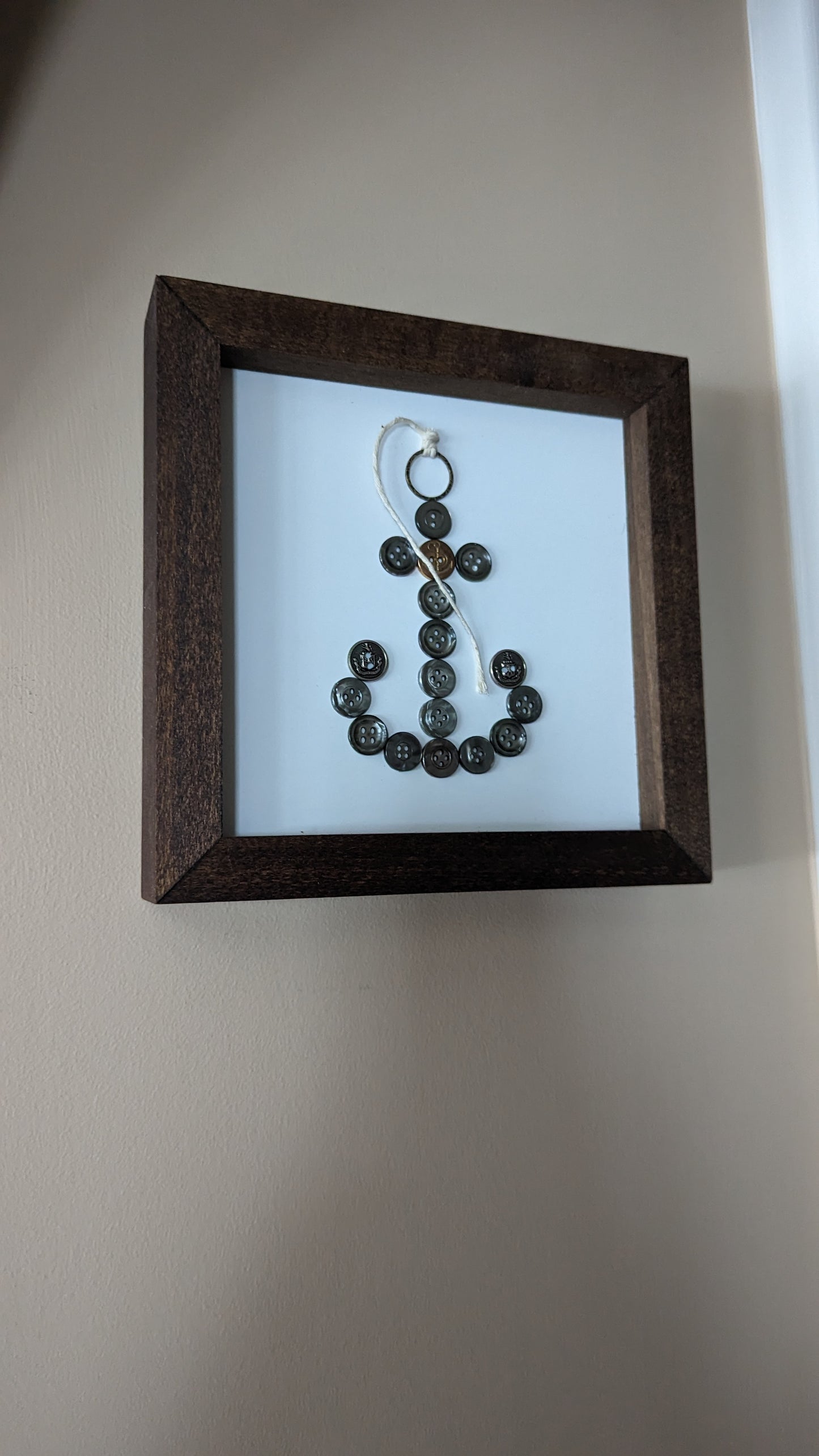 Anchor art made with vintage buttons, recycled jewelry piece and rope in 8 x 8 inch shadow box