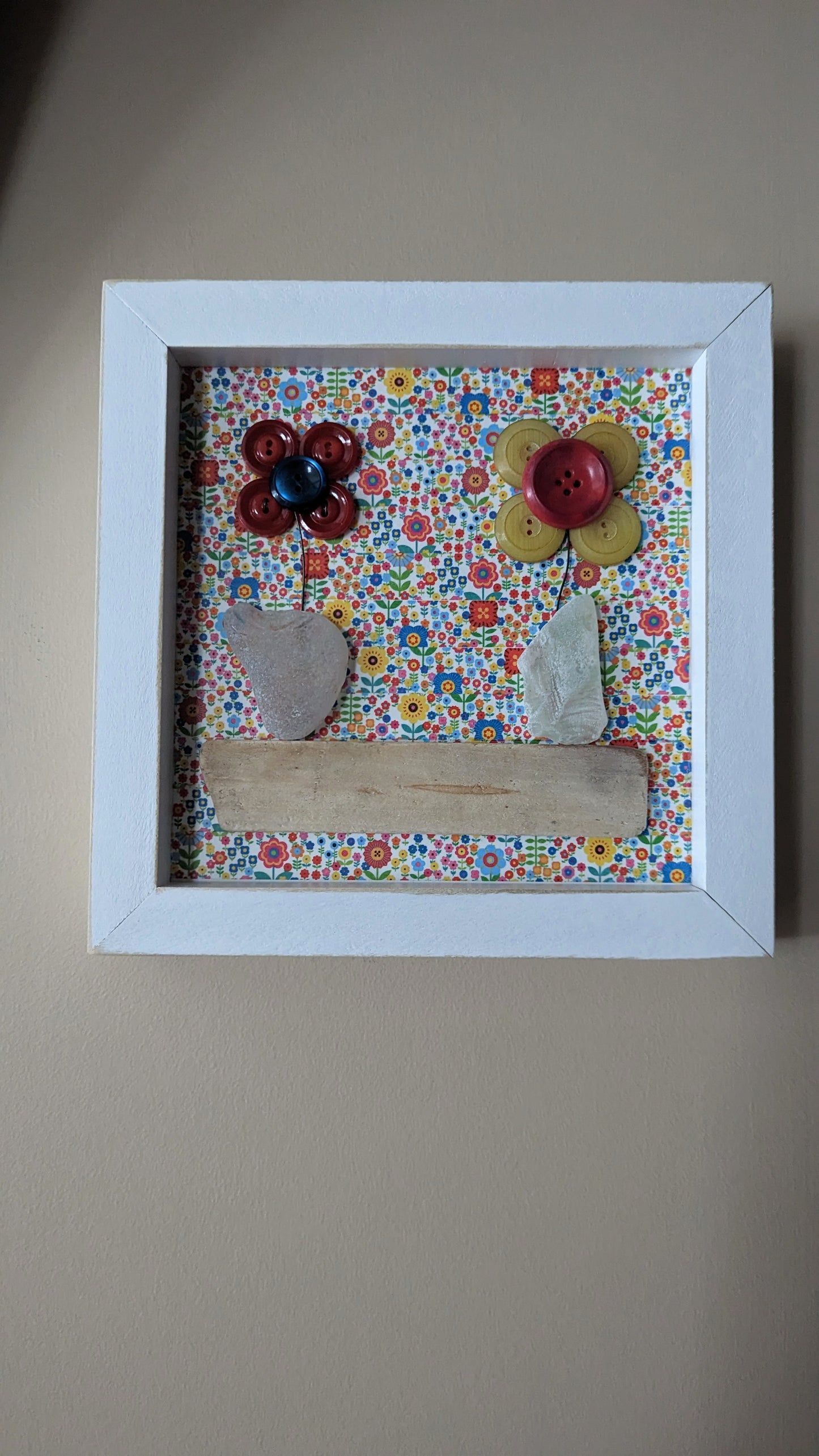 Mixed media framed flowers, vintage buttons, seaglass, driftwood and Washi Tape in 8 x 8 inch shadow box